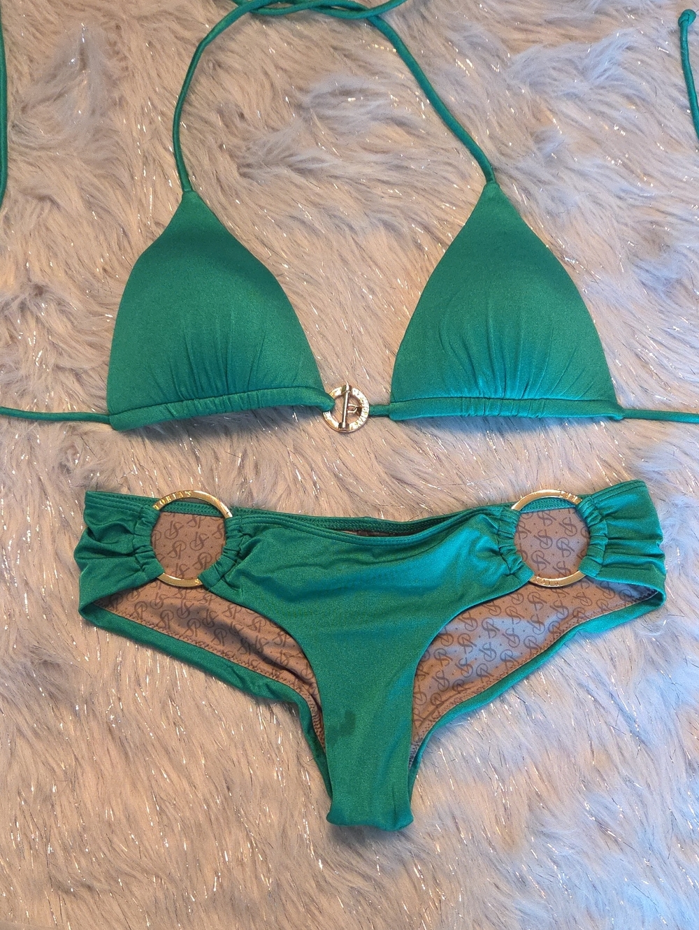 Victoria's Secret Green Triangle Bikini with Gold Ring Accents